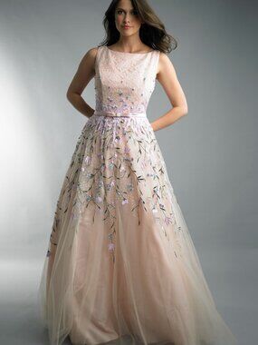 D8000L Sleeveless Floral Evening Gown - Pink